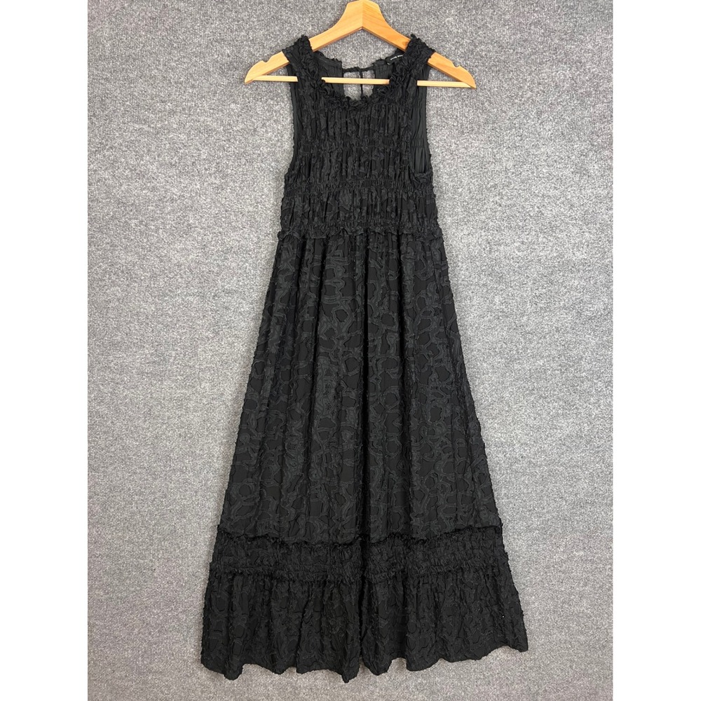 Club Monaco Maxi Dress Womens 0 Black Excellent Smocked Textured Sleeveless